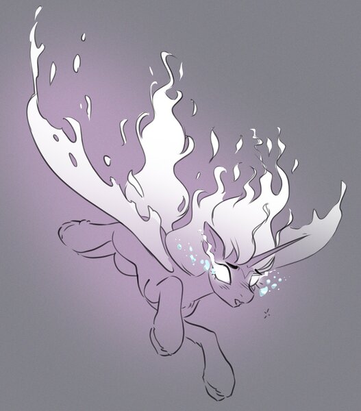 Size: 3470x3950 | Tagged: safe, artist:opalacorn, derpibooru import, oc, unofficial characters only, pony, unicorn, blank eyes, breast grab, breasts, crying, falling, fiery wings, glow, glowing eyes, grope, image, jpeg, mane of fire, partial color, solo, wings