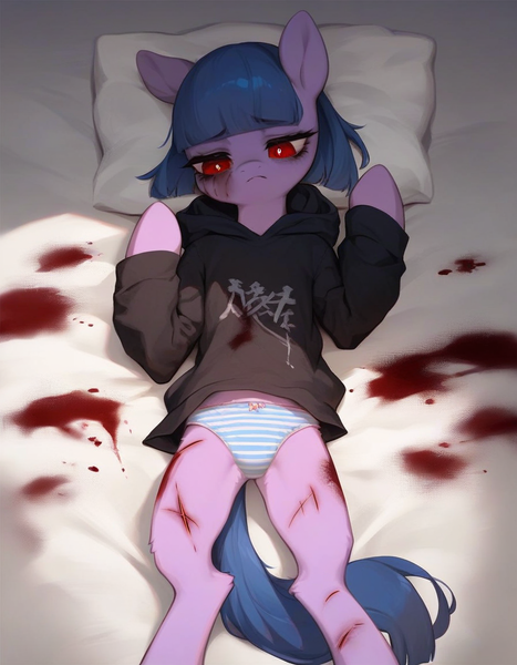 Size: 896x1152 | Tagged: semi-grimdark, ai content, derpibooru import, machine learning generated, prompter:kopaleo, stable diffusion, oc, oc:cosmia nebula, apathy, blood, clothes, generator:pony diffusion v6 xl, hoodie, image, panties, png, prompt in description, scar, self harm, self harm scars, solo, underwear