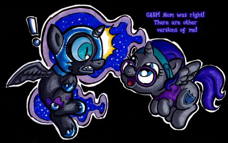 Size: 1280x807 | Tagged: safe, artist:darkone10, artist:legaspingman, derpibooru import, nightmare moon, oc, oc:nyx, alicorn, pony, alicorn oc, armor, black background, boots, chestplate, clothes, cute, dream realm, dream walker, dreamscape, duo, duo female, exclamation point, female, filly, floating, foal, g4, glasses, hairband, headband, helmet, horn, image, nightmare woon, nyxabetes, ocbetes, peytral, png, self paradox, self ponidox, shocked, shocked expression, shoes, simple background, text, the fun has been doubled, tumblr:asktwilyandwoon, vest, wings