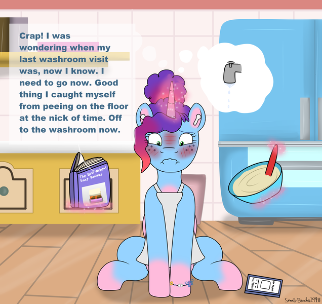 Size: 3186x3005 | Tagged: suggestive, artist:small-brooke1998, derpibooru import, pony, unicorn, g5, airpods, apron, blushing, book, clothes, crystal brighthouse, desperation, earbuds, faucet, image, implied wetting, kitchen, listening to music, magic, misty brightdawn, mobile phone, need to pee, omorashi, phone, png, potty emergency, potty time, rebirth misty, smartphone, soap, thoughts