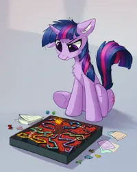 Size: 959x1200 | Tagged: safe, artist:breakdream, derpibooru import, twilight sparkle, pony, annoyed, board game, chest fluff, dragon pit, g4, image, jpeg, one ear down, solo, volcano