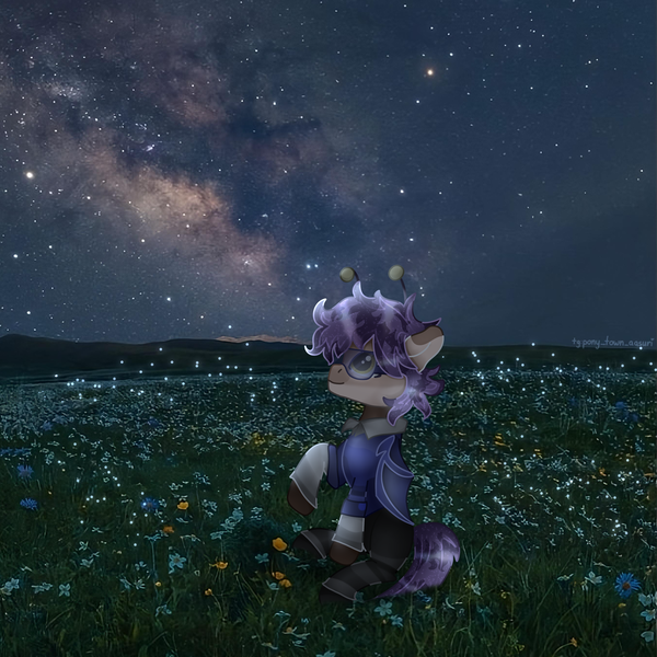 Size: 3000x3000 | Tagged: safe, artist:aasuri-art, derpibooru import, oc, pony, pony town, clothed ponies, clothes, glasses, glow, glowing mane, goggles, grass, grass field, high res, image, male, male oc, png, pony town oc, real life background, safety goggles, sitting, solo, stallion, stars, wings