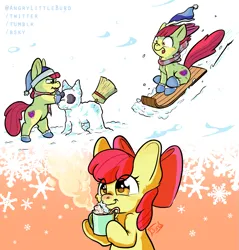 Size: 1817x1900 | Tagged: safe, artist:angrylittleburd, derpibooru import, apple bloom, earth pony, pony, bipedal, broom, candy, candy cane, chocolate, christmas, clothes, female, filly, foal, food, hat, holiday, hoof hold, hot chocolate, image, marshmallow, orange background, png, rock, scarf, secret santa, simple background, sled, smiling, snow, snowflake, snowpony, socks, solo, text, winter
