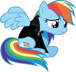Size: 1600x1531 | Tagged: safe, artist:iamaveryrealperson, derpibooru import, edit, vector edit, rainbow dash, pegasus, pony, 2021, clothes, female, frown, g4, image, jacket, leather, leather jacket, looking down, mare, ms paint, png, sad, simple background, sitting, solo, transparent background, vector, wings, wings down