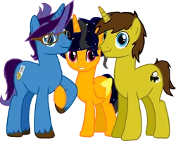 Size: 1500x1200 | Tagged: safe, artist:crisostomo-ibarra, derpibooru import, oc, oc:cyber gamer, oc:midnight shadows, oc:paint sketch, unofficial characters only, alicorn, pony, unicorn, derpibooru community collaboration, 2024 community collab, alicorn oc, derpibooru exclusive, female, glasses, group, holding hooves, horn, image, looking at you, male, mare, png, simple background, smiling, smiling at you, stallion, standing, transparent background, unicorn oc, wings