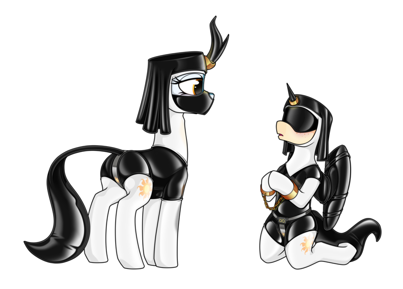 Size: 7400x5300 | Tagged: suggestive, artist:dacaoo, derpibooru import, oc, oc:copper moon, oc:winter showers, unofficial characters only, alicorn, kirin, bdsm, blindfold, butt, chastity, chastity belt, clothes, gag, gloves, horn, horn ring, image, jewelry, kneeling, latex, latex gloves, latex socks, latex suit, nun, plot, png, praying, ring, shackles, socks, wing sleeves, wings