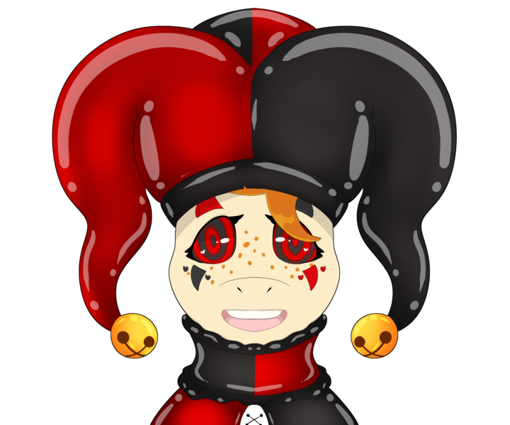 Size: 3000x2500 | Tagged: safe, artist:sweet fangs delight, derpibooru import, oc, oc:copper moon, unofficial characters only, face paint, hat, hypnosis, image, jester, jester hat, latex, looking at you, png, solo