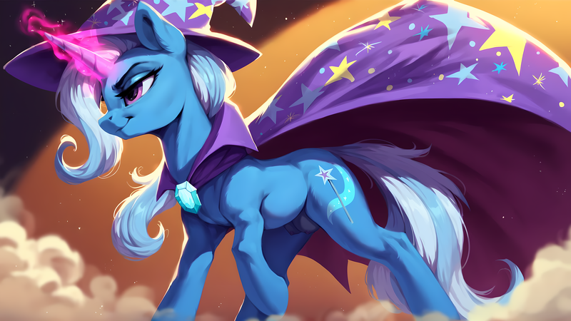 Size: 3840x2160 | Tagged: questionable, ai content, derpibooru import, machine learning assisted, machine learning generated, prompter:chomp country, stable diffusion, trixie, pony, unicorn, >:), anatomically correct, cape, casual nudity, clothes, crotchboobs, female, g4, generator:pony diffusion v6 xl, generator:purplesmart.ai, glow, glowing horn, hat, high res, horn, image, magic, mare, nudity, png, smoke, solo, solo female, teats, trixie's cape, trixie's hat, vulva, wallpaper, wallpaper for the fearless