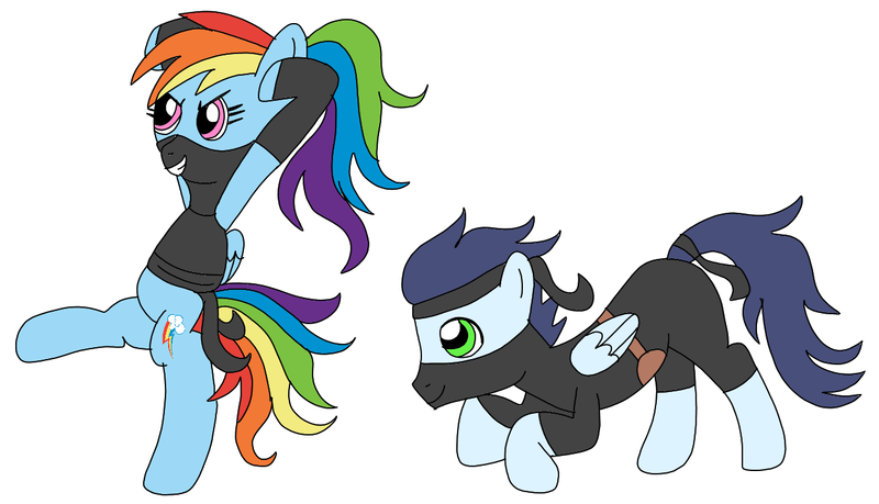 Size: 1254x720 | Tagged: safe, artist:dasher666, artist:xfemmy, derpibooru import, edit, rainbow dash, soarin', pegasus, pony, female, image, male, mare, ninja, png, shipping, soarindash, stallion, straight