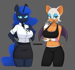 Size: 1814x1694 | Tagged: safe, artist:handgunboi, derpibooru import, nightmare moon, alicorn, anthro, image, png, rouge the bat, secretary, sonic the hedgehog (series), sports outfit