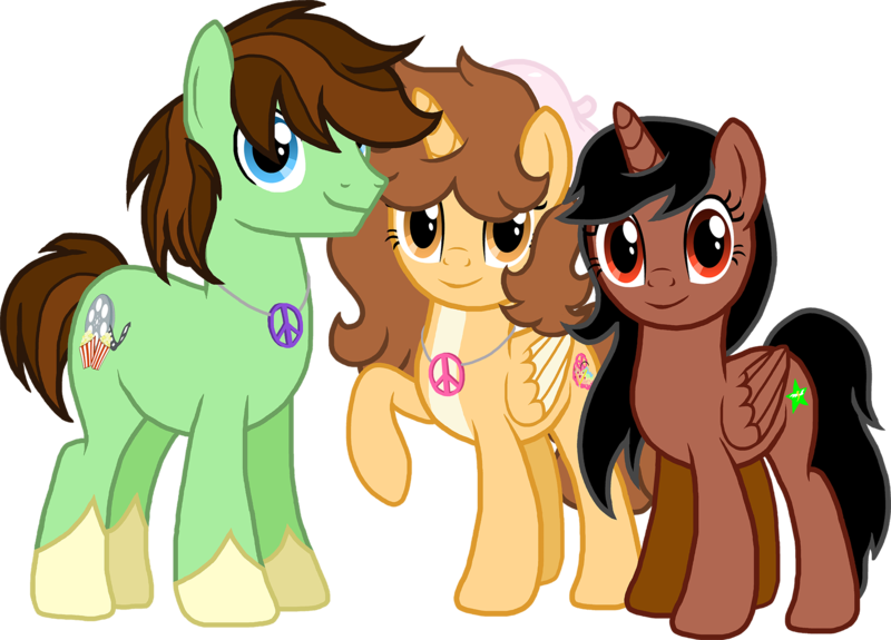 Size: 1808x1300 | Tagged: safe, artist:crisostomo-ibarra, derpibooru import, oc, oc:aspen, oc:princess fantasy star, oc:ryan, unofficial characters only, alicorn, earth pony, pony, derpibooru community collaboration, 2024 community collab, alicorn oc, derpibooru exclusive, earth pony oc, female, group, hooves, horn, image, jewelry, looking at you, male, mare, necklace, peace symbol, png, raised hoof, smiling, smiling at you, stallion, wings