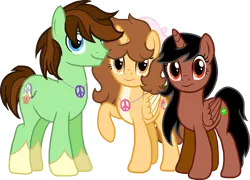 Size: 1808x1300 | Tagged: safe, artist:crisostomo-ibarra, derpibooru import, oc, oc:aspen, oc:princess fantasy star, oc:ryan, unofficial characters only, alicorn, earth pony, pony, derpibooru community collaboration, 2024 community collab, alicorn oc, derpibooru exclusive, earth pony oc, female, group, hooves, horn, image, jewelry, looking at you, male, mare, necklace, peace symbol, png, raised hoof, smiling, smiling at you, stallion, wings