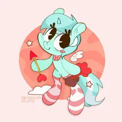 Size: 1500x1500 | Tagged: safe, artist:opossum-stuff, derpibooru import, lyra heartstrings, pony, unicorn, abstract background, arrow, bag, bow, clothes, cupid, floating wings, g4, heart, holiday, image, jpeg, smiling, socks, solo, striped socks, valentine's day, wings