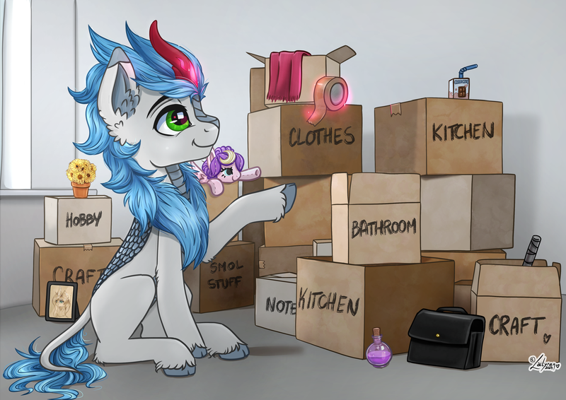 Size: 4092x2893 | Tagged: safe, artist:lailyren, derpibooru import, oc, unofficial characters only, kirin, box, image, kirin oc, plushie, png, solo