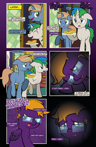 Size: 1920x2948 | Tagged: safe, artist:alexdti, derpibooru import, oc, oc:brainstorm (alexdti), oc:purple creativity, oc:star logic, pegasus, pony, unicorn, comic:quest for friendship retold, carrot, carrot dog, crying, female, food, image, jpeg, male, mare, stallion, twilight's castle