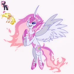 Size: 1600x1600 | Tagged: safe, artist:artsypaws, derpibooru import, daybreaker, oc, oc:artsypaws, unofficial characters only, alicorn, pony, unicorn, armor, bisexual, colored, curved horn, cutie mark, derpibooru exclusive, design, digital art, fangs, female, fire, flying, g4, genderfluid, horn, ibispaint x, image, jewelry, jpeg, mane, mare, original character do not steal, photo, regalia, self insert, simple background, smashup, spread wings, white background, wings