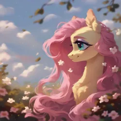 Size: 1024x1024 | Tagged: safe, ai content, derpibooru import, machine learning assisted, machine learning generated, stable diffusion, blossom, fluttershy, pegasus, pony, beautiful, big eyes, blushing, cute, ear fluff, eyeshadow, flower, flower in hair, fluffy, forest, g4, generator:purplesmart.ai, green eyes, image, jpeg, leaf, long hair, long mane, makeup, nature, pink mane, prompter:saltyvity, sky, smiley face, smiling, solo, tree