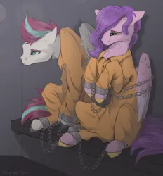 Size: 2560x2762 | Tagged: safe, artist:hard817, derpibooru import, pipp petals, zipp storm, g5, bound wings, chained, chains, clothes, cuffed, cuffs, duo, image, jumpsuit, png, prison outfit, prisoner pipp, prisoner zipp, shackles, wings