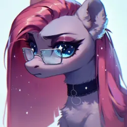 Size: 1024x1024 | Tagged: safe, ai content, derpibooru import, machine learning assisted, machine learning generated, stable diffusion, pinkie pie, earth pony, pony, beautiful, blue eyes, blushing, choker, cute, ear fluff, eyeshadow, fluffy, g4, generator:purplesmart.ai, glasses, goth, goth pony, image, jpeg, long hair, long mane, makeup, pink mane, pinkamena diane pie, prompter:saltyvity, sad, sad face, serious, serious face, simple background, solo, sparkles, starry eyes, wingding eyes