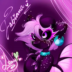 Size: 1080x1080 | Tagged: safe, artist:lery rada, oc, oc:fabiana, unofficial characters only, bat pony, pony, abstract background, bat pony oc, bat wings, black sclera, bust, chest fluff, ear piercing, earring, female, image, jewelry, jpeg, mare, necklace, piercing, sparkles, spread wings, wings