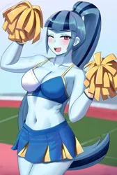Size: 800x1191 | Tagged: safe, artist:tzc, derpibooru import, sonata dusk, human, equestria girls, belly button, blushing, breasts, busty sonata dusk, cheerleader, cheerleader outfit, clothes, cute, image, jpeg, midriff, one eye closed, open mouth, open smile, pom pom, skirt, smiling, solo, tail, wink