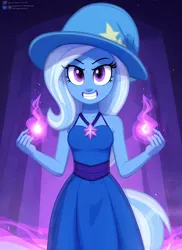 Size: 1328x1824 | Tagged: safe, ai content, derpibooru import, machine learning generated, prompter:regardedm8, trixie, human, blue skin, breasts, clothes, dress, hat, humanized, image, magic, png, reasonably sized breasts, smiling, smirk, solo, standing