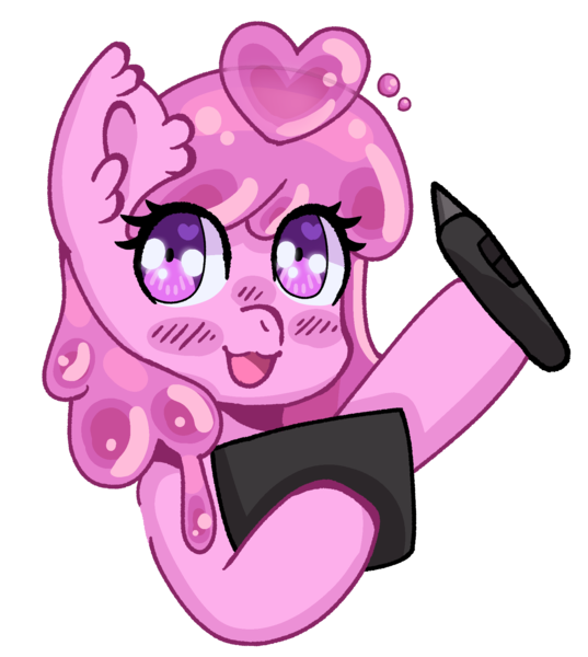 Size: 1700x1900 | Tagged: safe, artist:bubblegooey, derpibooru import, oc, oc:bubblegooey, goo, goo pony, original species, pony, blush sticker, blushing, bust, cute, derpibooru exclusive, drawing tablet, ear fluff, female, happy, heart, holding, image, looking at you, mare, open mouth, open smile, pen, pink coat, pink mane, png, portrait, purple eyes, raised hoof, simple background, slime, smiling, tablet, tablet pen, transparent background, wingding eyes