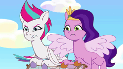 Size: 1280x720 | Tagged: safe, derpibooru import, screencap, pipp petals, zipp storm, dragon, pegasus, pony, g5, my little pony: tell your tale, spoiler:g5, spoiler:my little pony: tell your tale, spoiler:tyts02e03, absurd file size, absurd gif size, animated, cake, cake dragon, cloud, female, flying, food, gif, image, magic, mare, net, royal sisters (g5), siblings, sisters
