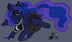 Size: 2453x1445 | Tagged: safe, artist:0lileli, derpibooru import, princess luna, alicorn, pony, bib, candy, diaper, diaper fetish, ear piercing, fetish, food, gray background, image, jpeg, non-baby in diaper, pacifier, piercing, rattle, simple background, solo