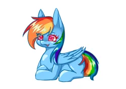 Size: 1263x893 | Tagged: safe, artist:bogx, derpibooru import, rainbow dash, pegasus, pony, eye clipping through hair, eyebrows, female, folded wings, image, lying down, mare, open mouth, open smile, png, prone, simple background, smiling, solo, white background, wings