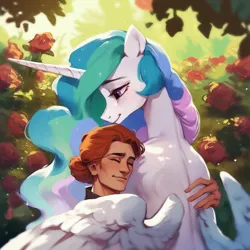 Size: 1024x1024 | Tagged: prompter needed, source needed, safe, ai content, derpibooru import, machine learning generated, stable diffusion, princess celestia, alicorn, human, pony, flower, garden, generator:purplesmart.ai, hug, human on pony snuggling, image, png, rose, smiling, snuggling
