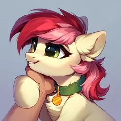 Size: 1024x1024 | Tagged: safe, ai content, derpibooru import, machine learning generated, prompter:doom9454, stable diffusion, roseluck, human, pony, behaving like a cat, bust, collar, fluffy, generator:purplesmart.ai, hand, human on pony petting, image, offscreen character, offscreen human, pet tag, petting, png, pony pet, portrait, rosepet