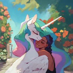 Size: 1024x1024 | Tagged: prompter needed, source needed, safe, ai content, derpibooru import, machine learning generated, stable diffusion, princess celestia, alicorn, human, pony, eyes closed, flower, garden, generator:purplesmart.ai, hug, human on pony snuggling, image, png, rose, sky, smiling, snuggling