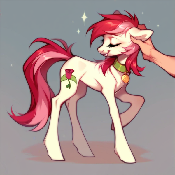 Size: 1024x1024 | Tagged: safe, ai content, derpibooru import, machine learning generated, prompter:doom9454, stable diffusion, roseluck, human, pony, behaving like a cat, collar, cute, eyes closed, fangs, fluffy, generator:purplesmart.ai, hand, human on pony petting, image, offscreen character, offscreen human, pet tag, petting, png, pony pet, rosepet, standing