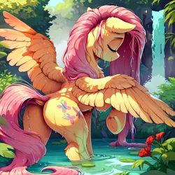 Size: 2048x2048 | Tagged: safe, ai content, derpibooru import, machine learning generated, stable diffusion, fluttershy, pegasus, pony, adorasexy, bathing, beautiful, beautisexy, butt, chest fluff, cute, detailed, detailed background, dock, ear fluff, eyes closed, featureless crotch, female, flower, flutterbutt, foliage, frog (hoof), g4, generator:pony diffusion v6 xl, high res, image, leaves, long mane, long tail, mare, nature, outdoor bathing, outdoors, plant, plot, png, pond, prompter:tyto4tme4l, raised hoof, rear view, sexy, smiling, solo, spread wings, stupid sexy fluttershy, tail, underhoof, water, waterfall, wet, wet mane, wings