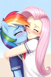 Size: 992x1496 | Tagged: safe, ai content, derpibooru import, machine learning generated, prompter:regardedm8, fluttershy, rainbow dash, anthro, human, blushing, clothes, duo, eyes closed, hug, human on anthro action, image, interspecies, multicolored hair, pink hair, png, rainbow hair, school uniform, smiling, worried