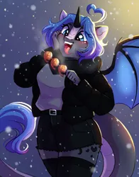 Size: 2353x3000 | Tagged: safe, artist:melodylibris, derpibooru import, oc, unofficial characters only, anthro, dracony, dragon, hybrid, shrimp, barely pony related, blushing, clothes, female, hand on cheek, high res, horn, image, jacket, kebab, open mouth, open smile, png, secret santa, skirt, smiling, snow, snowfall, socks, solo, spread wings, stockings, thigh highs, wings