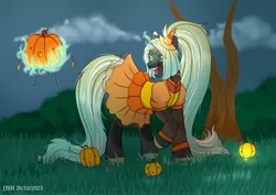 Size: 2560x1810 | Tagged: safe, artist:jjsh, derpibooru import, oc, unofficial characters only, pony, unicorn, black fur, bush, cap, clothes, cloud, dress, evil, female, grass, halloween, hat, high res, holiday, horn, image, jpeg, long hair, long mane, magic, magic aura, mare, net, open mouth, pumpkin, sky, solo, tail, teeth, tree, turned head, veil