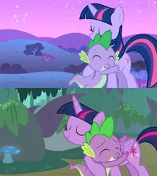 Size: 781x879 | Tagged: safe, derpibooru import, screencap, spike, twilight sparkle, twilight sparkle (alicorn), alicorn, dragon, unicorn, molt down, owl's well that ends well, comparison, g4, hug, image, png, sibling love, siblings, spikelove, unicorn twilight, winged spike, wings