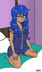 Size: 1335x2286 | Tagged: safe, artist:banquo0, derpibooru import, princess luna, human, bed, clothes, female, humanized, image, kneeling, looking at you, on bed, pajamas, png, shorts, solo