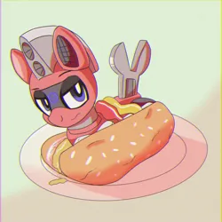 Size: 1700x1700 | Tagged: safe, artist:trackheadtherobopony, derpibooru import, oc, oc:trackhead, pony, robot, robot pony, food, giant food, hot dog, image, looking at you, meat, png, sausage, solo, unamused