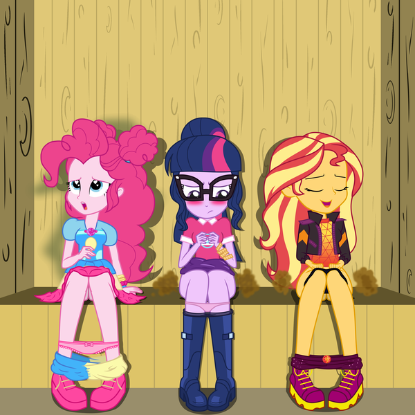 Size: 3000x3000 | Tagged: questionable, artist:lightning_musicwave, derpibooru import, pinkie pie, sci-twi, sunset shimmer, twilight sparkle, comic:starswirl day two, equestria girls, blushing, but why, clothes, fart, fart cloud, fart fetish, fart noise, female, females only, fetish, glasses, image, implied pooping, implied scat, music festival outfit, onomatopoeia, outhouse, panties, panties around legs, panties pulled down, pants, pants down, png, pooping together, sound effects, toilet, underwear