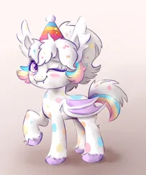 Size: 1580x1894 | Tagged: safe, artist:nedemai, derpibooru import, oc, oc:confetti cupcake, unofficial characters only, bat pony, pony, bat pony oc, bat wings, blushing, female, gradient background, hat, image, jpeg, looking at you, mare, one eye closed, party hat, solo, unshorn fetlocks, wings, wink, winking at you