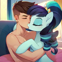 Size: 1280x1280 | Tagged: safe, artist:e1quimico, ponerpics import, ponybooru import, coloratura, human, pony, clothes, eyelashes, female, hug, human on pony action, image, interspecies, jpeg, kiss on the lips, kissing, male, mare, partial nudity, straight, topless