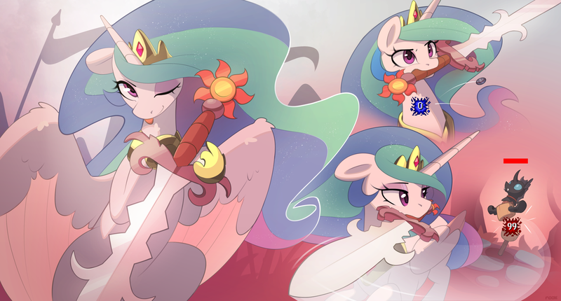 Size: 4100x2206 | Tagged: safe, artist:nookprint, derpibooru import, princess celestia, alicorn, pony, dummy, female, image, lidded eyes, looking at you, mare, mouth hold, one eye closed, png, runescape, sword, tongue out, weapon, wink, winking at you