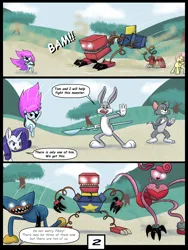 Size: 6000x8000 | Tagged: safe, artist:chedx, derpibooru import, fluttershy, rarity, pegasus, unicorn, comic:learning with pibby glitch battles, boxy boo, bugs bunny, comic, commission, community related, corrupted, crossover, error, glitch, huggy wuggy, image, mommy long legs, multiverse, pibby, png, tom the cat