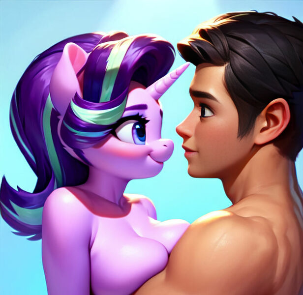 Size: 1280x1247 | Tagged: questionable, ai content, artist:e1quimico, machine learning generated, ponerpics import, ponybooru import, starlight glimmer, anthro, human, pony, unicorn, blushing, breasts, eyelashes, female, hug, human on anthro action, image, interspecies, jpeg, male, mare, straight