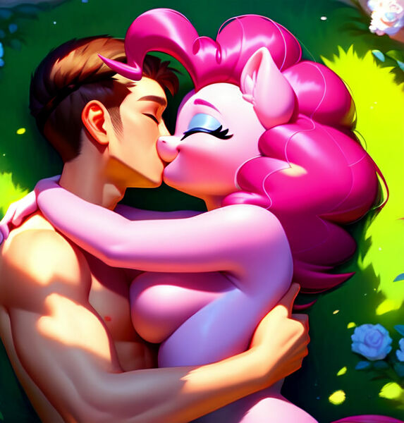 Size: 1280x1340 | Tagged: questionable, ai content, artist:e1quimico, machine learning generated, ponerpics import, ponybooru import, pinkie pie, anthro, earth pony, human, pony, blushing, breasts, eyelashes, female, hug, human on anthro action, image, interspecies, jpeg, kiss on the lips, kissing, male, mare, straight