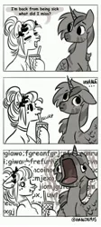 Size: 1834x4096 | Tagged: safe, artist:opalacorn, derpibooru import, oc, oc:silver stream, oc:void, unofficial characters only, pegasus, pony, zebra, zebracorn, comic, dialogue, drink, duo, duo male and female, female, grayscale, hoof hold, image, jpeg, male, mare, monochrome, open mouth, simple background, stallion, volumetric mouth, white background