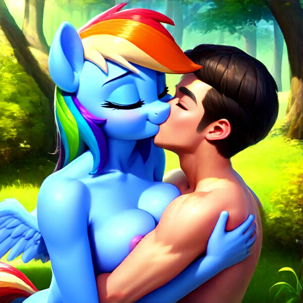 Size: 1280x1280 | Tagged: questionable, ai content, artist:e1quimico, machine learning generated, ponerpics import, ponybooru import, rainbow dash, anthro, human, pegasus, pony, breasts, eyelashes, female, hug, human on anthro action, image, interspecies, jpeg, kiss on the lips, kissing, male, mare, straight